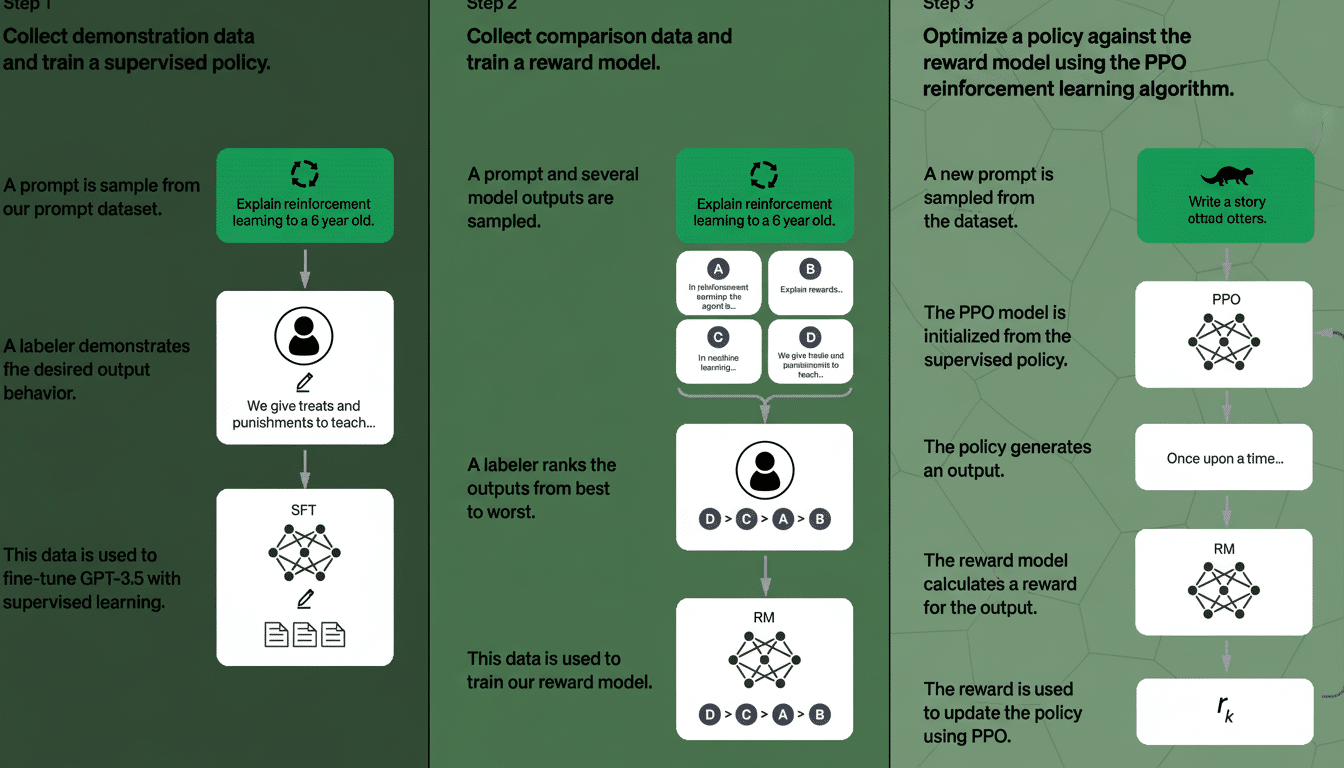 Diagram outlining a three-step process for optimizing a policy using the PPO reinforcement learning algorithm, involving supervised learning and a rew