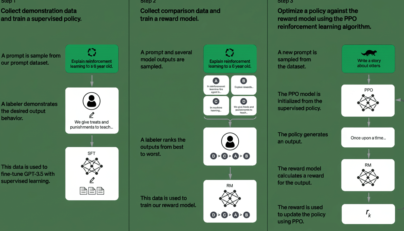 A three-step diagram illustrating the process of optimizing a policy against a reward model using the PPO reinforcement learning algorithm.