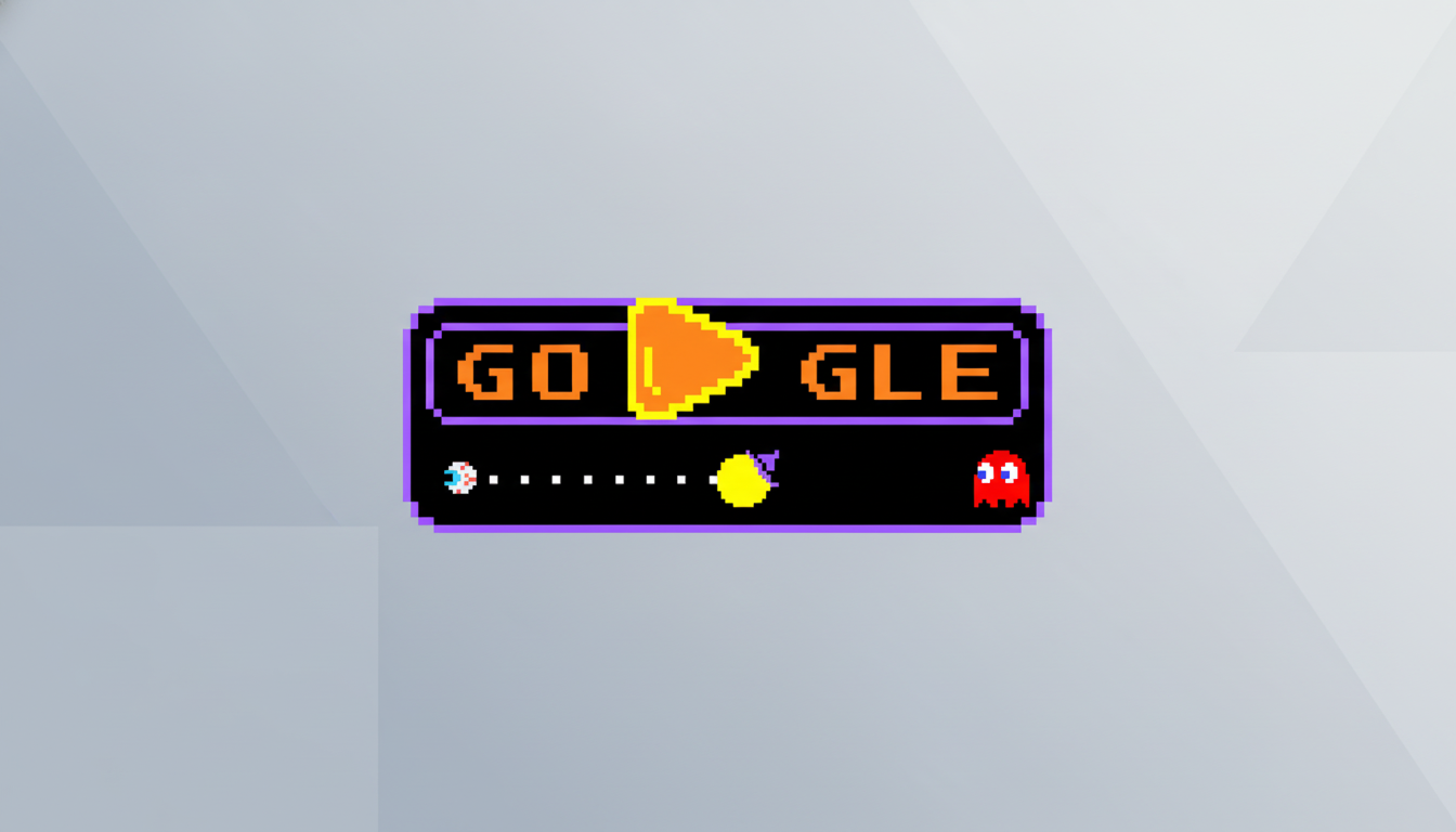 A 16:9 aspect ratio image featuring the pixelated GO GLE Pac-Man Google Doodle logo on a professional flat design background with soft gray patterns.