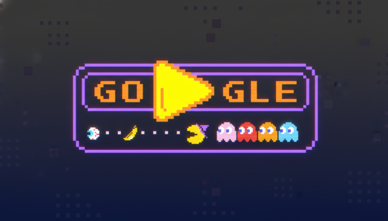A 16:9 aspect ratio image of the Google Pac-Man Doodle, featuring the word GOOGLE in pixelated font with a play button, and Pac-Man characters below, set against a professional flat design background with soft patterns.