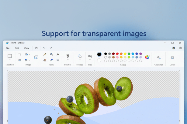 Screenshot of the new Paint app in Windows with transparent images, showing sliced ki wis and blueberries, with a transparent background in the editing area .