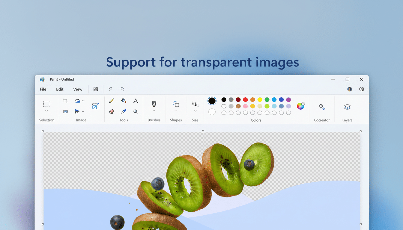 Screenshot of the new Paint app in Windows with transparent images, showing sliced ki wis and blueberries, with a transparent background in the editing area .