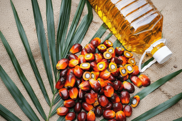 A professional overhead shot of palm oil fruits , some cut open to reveal their kernels , arranged on a burlap sack with palm leaves and a bottle of golden palm oil.