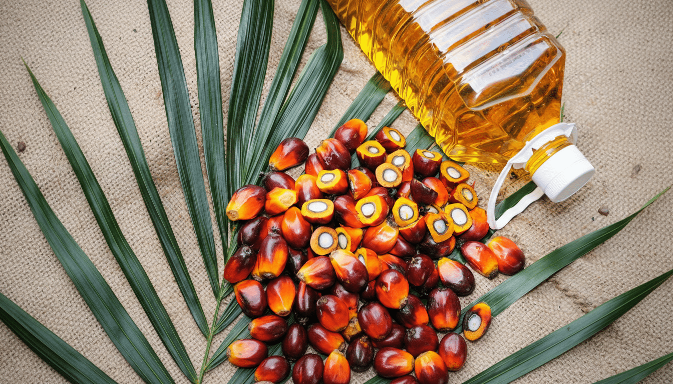 A professional overhead shot of palm oil fruits , some cut open to reveal their kernels , arranged on a burlap sack with palm leaves and a bottle of golden palm oil.
