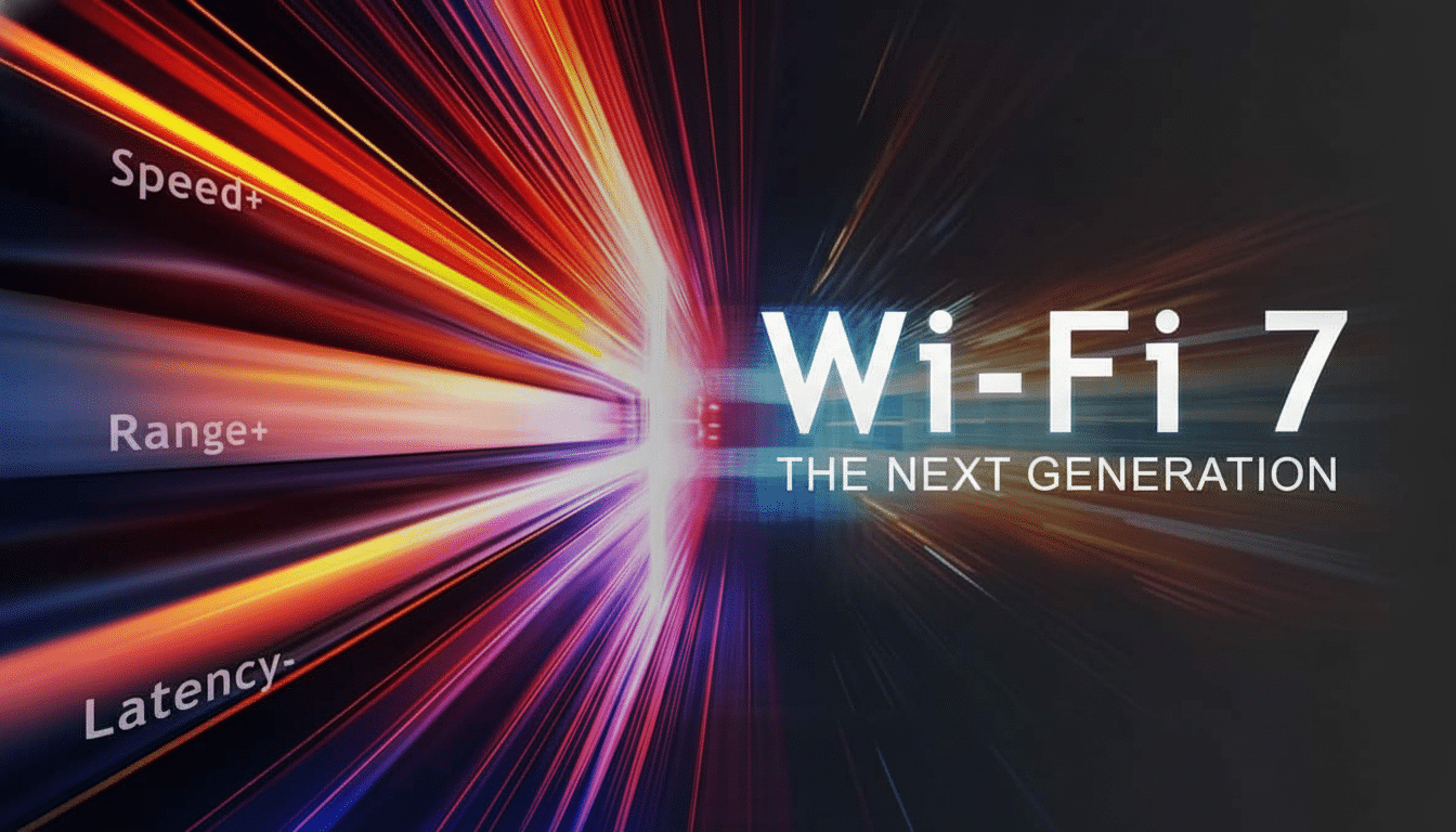 Wi-Fi 7: The Next Generation is displayed prominently in white text against a dynamic, dark background with vibrant , blurred light streaks in red, orange, purple , and blue emanating from the left and converging towards the center . To the left,  Speed+, Range +, and Latency - are listed in smaller white text, indicating key improvements of the new Wi- Fi standard.