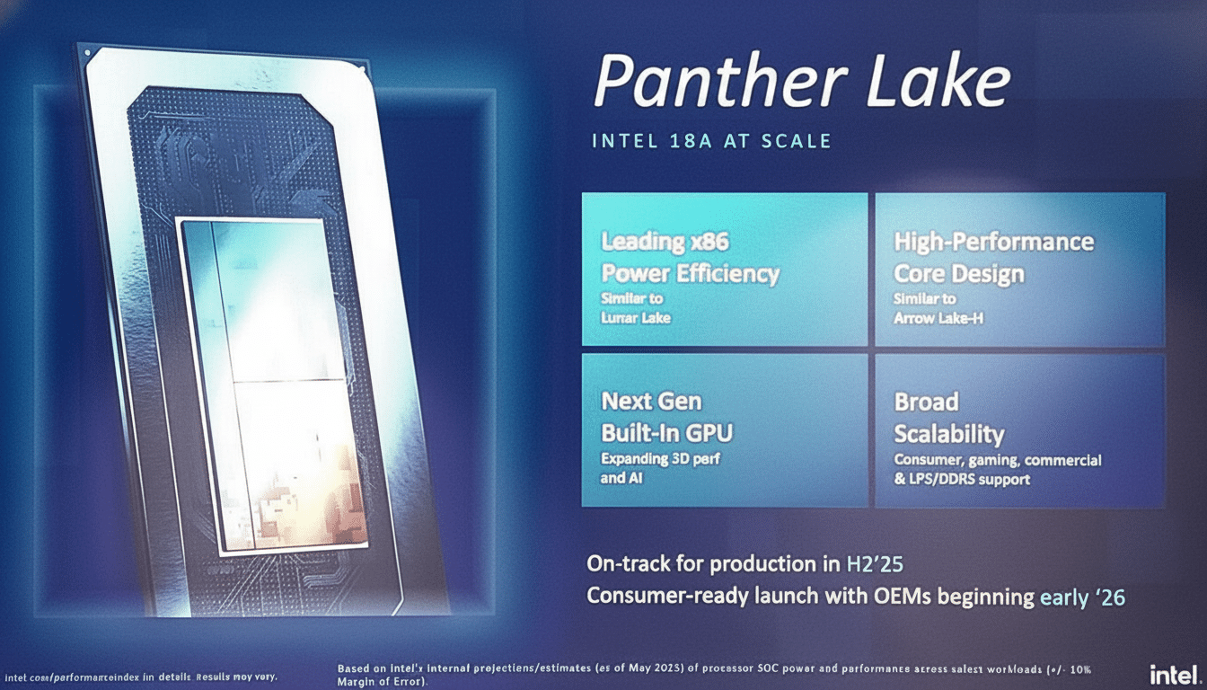A professional slide detailing Intel's Panther Lake processor , highlighting its features like leading x86 power efficiency, high -performance core design , next-gen built-in GPU , and broad scalability . The slide also mentions production and launch timelines, with an image of a processor chip to the left .