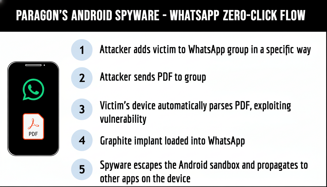 Diagram illustrating the Paragon's Android Spyware - WhatsApp Zero-Click Flow with five steps describing how an attacker exploits a WhatsApp vulnerability to install spyware, featuring a smartphone icon with WhatsApp and PDF logos on the left.