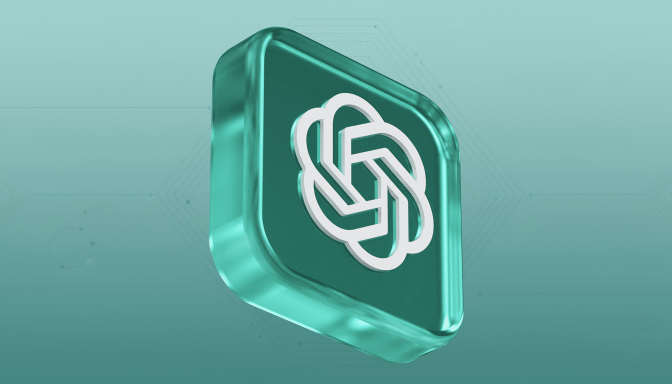 A 3D rendered OpenAI logo, white against a teal background within a transparent teal square with a professional soft patterned background in a 16: 9 a