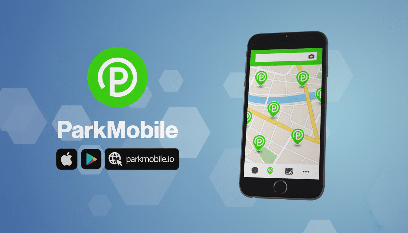 ParkMobile app logo and phone display on a professional blue background with subtle hexagonal patterns.