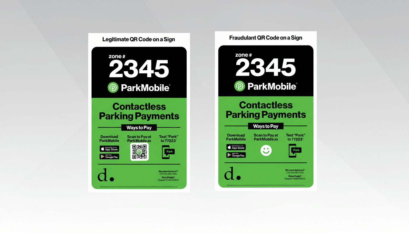 A 16: 9 aspect ratio image showing two ParkMobile parking signs side -by-side, one with a legitimate QR code and the other with a fraudulent QR code,