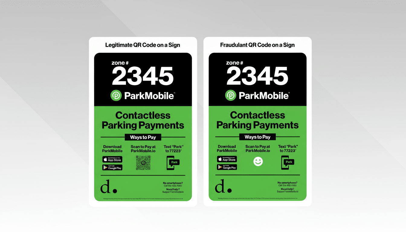 A 16: 9 aspect ratio image showing two ParkMobile parking signs side -by-side, one with a legitimate QR code and the other with a fraudulent QR code,