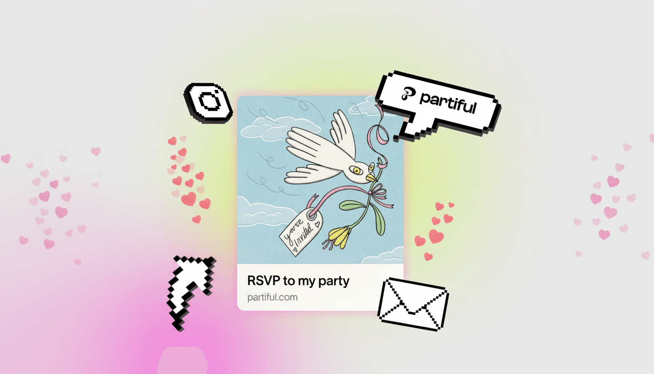 An image featuring a white dove carrying an invitation that says You re Invited, with text RSVP to my party and partiful. com. The image is set agains