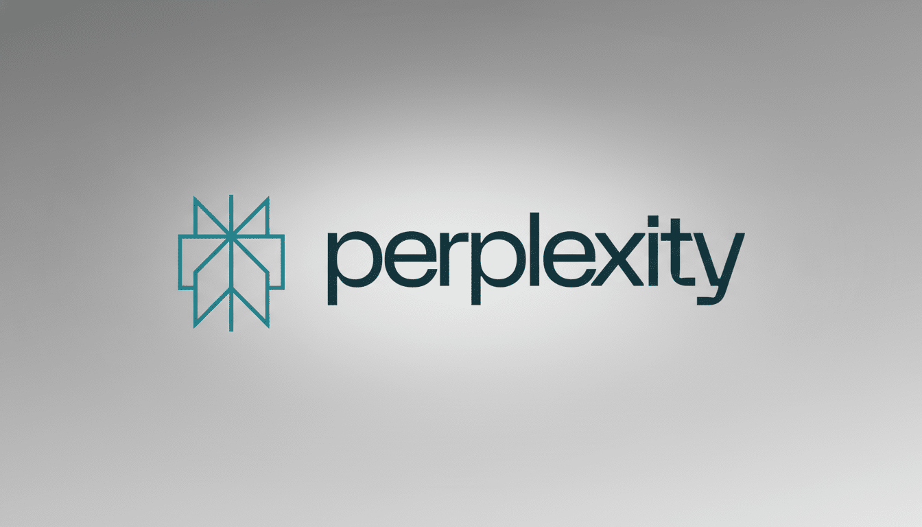 The Per plexity AI logo, featuring a teal geometric design resembling a stylized star or compass rose next to the word perplexity in dark teal text, set against a subtle gray gradient background.