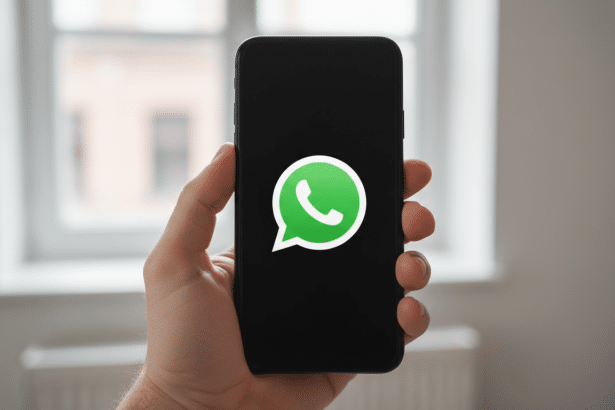 A hand holding a smartphone displaying the WhatsApp logo on its screen. The background shows a blurry window and radiator.