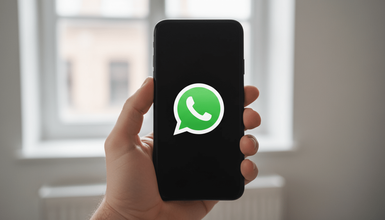 A hand holding a smartphone displaying the WhatsApp logo on its screen. The background shows a blurry window and radiator.