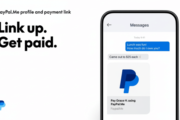 A professional visual showcasing PayPal.Me, with a phone displaying a message conversation about payment and the PayPal logo, alongside the text Link