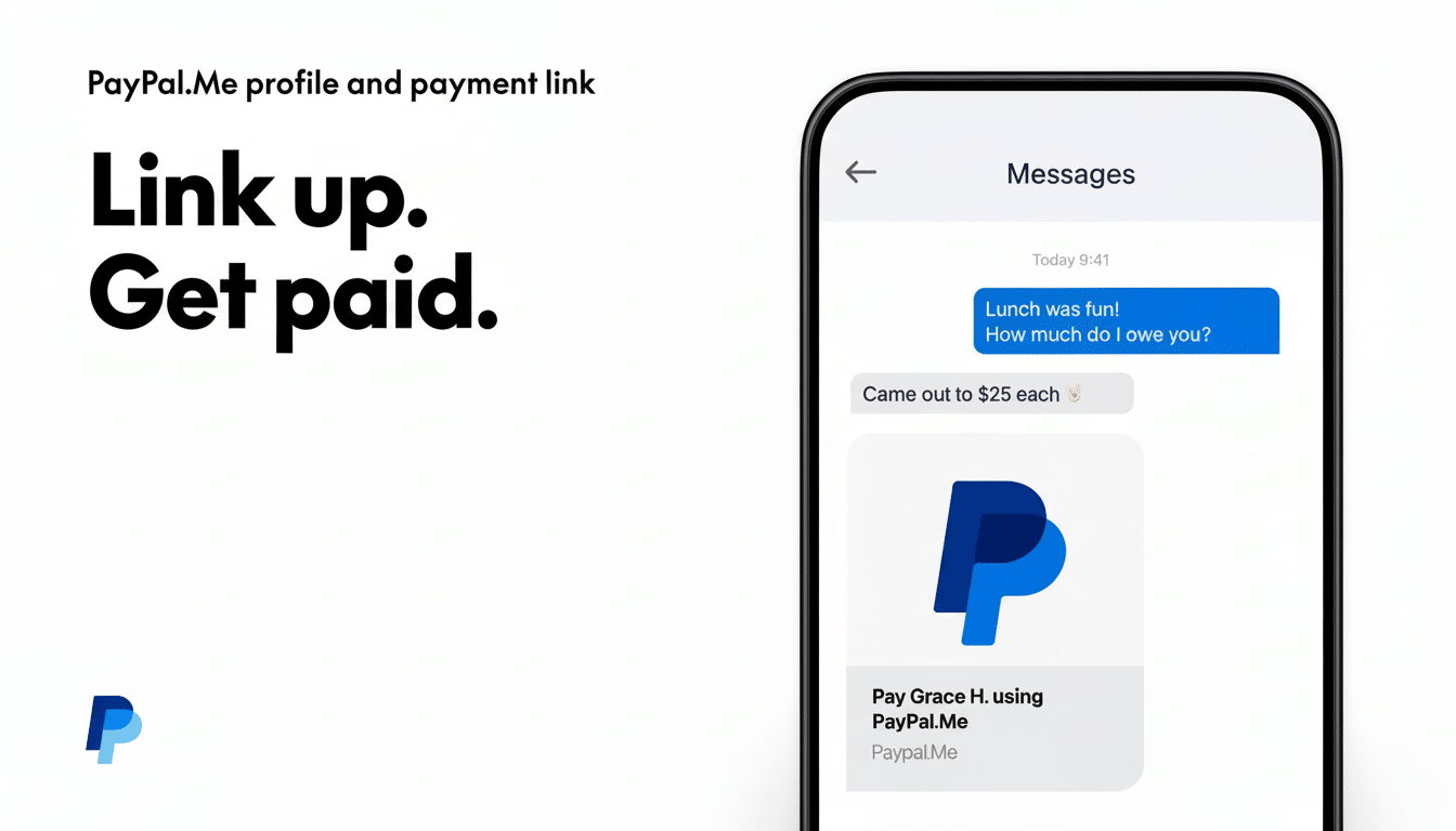 A professional visual showcasing PayPal.Me, with a phone displaying a message conversation about payment and the PayPal logo, alongside the text Link