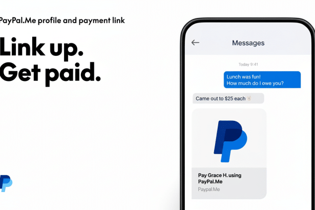 A promotional image for PayPal.Me showing a smartphone screen with a message conversation about splitting a lunch bill, and a prompt to pay via PayPal