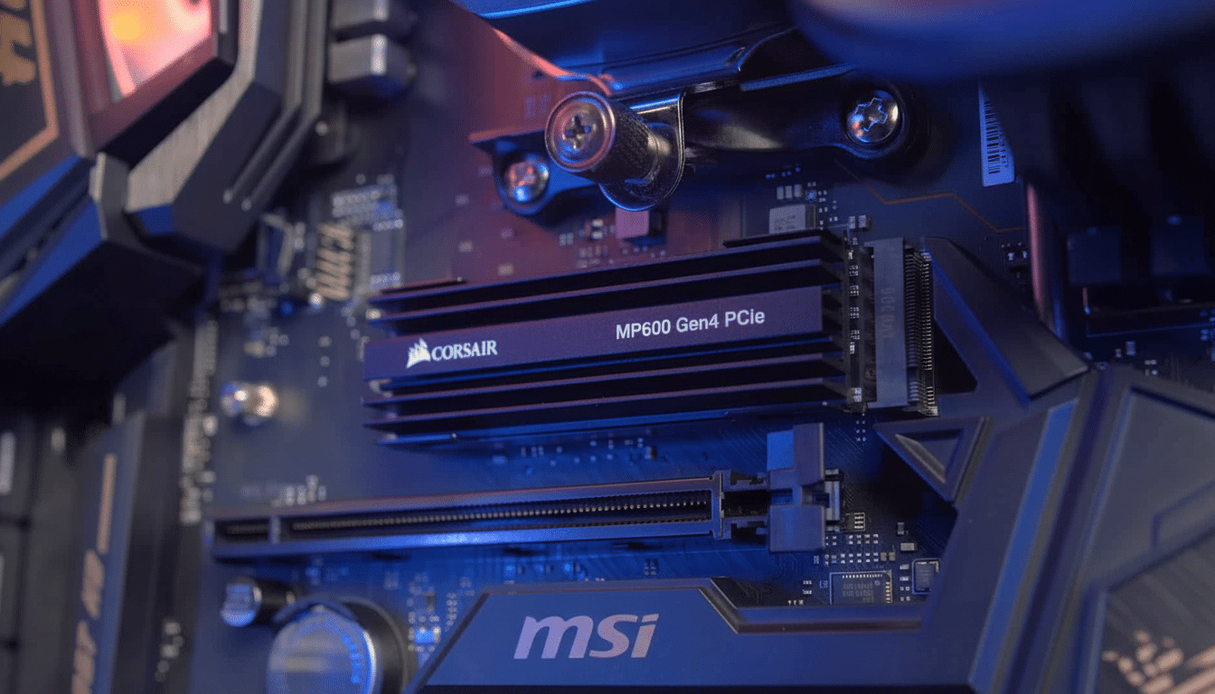 A Corsair MP600 Gen4 PCIe SSD installed on an MSI motherboard, illuminated with blue and red lighting, in a professional 16: 9 aspect ratio.