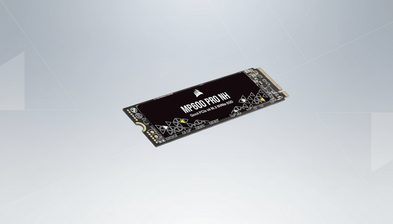 A professional 16: 9 image of a Corsair MP 600 PRO NH Gen4 PCIe x 4 M.2 NVMe SSD, presented on a subtle grey and white patterned background.