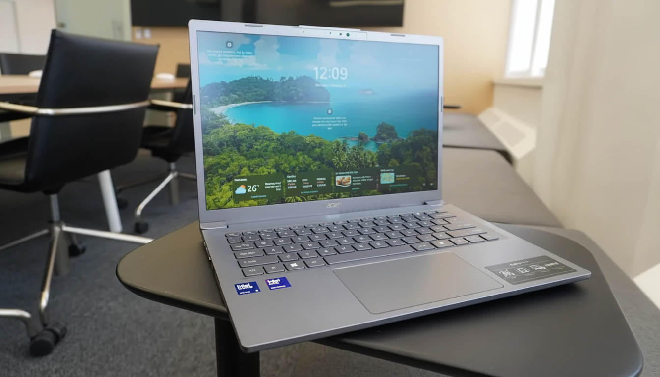 A silver Acer laptop with a vibrant desktop background of a tropical beach, sitting on a dark table in an office setting.