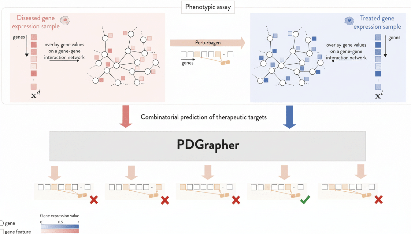 A scientific diagram illustrating the PD Grapher workflow, showing a phenotypic assay leading to combinatorial prediction of therapeutic targets. It c