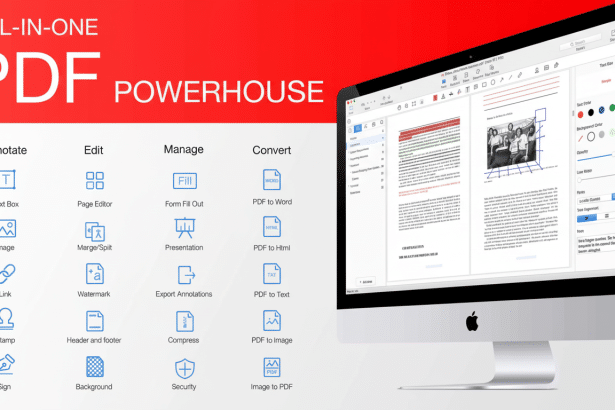 Screenshot of an ALL -IN-ONE PDF POWERHOUSE software interface on a desktop computer, showcasing various features like Annot ate, Edit, Manage, and Convert documents .