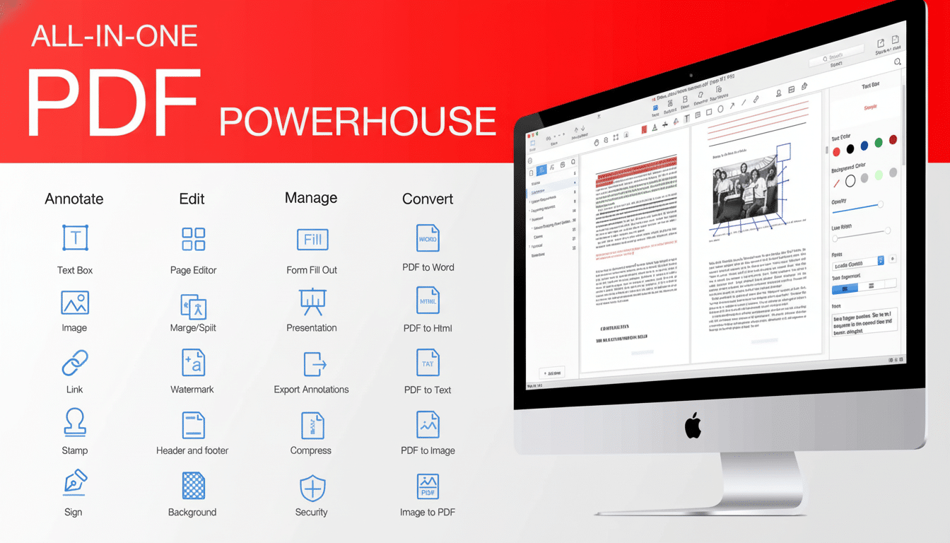 Screenshot of an ALL -IN-ONE PDF POWERHOUSE software interface on a desktop computer, showcasing various features like Annot ate, Edit, Manage, and Convert documents .