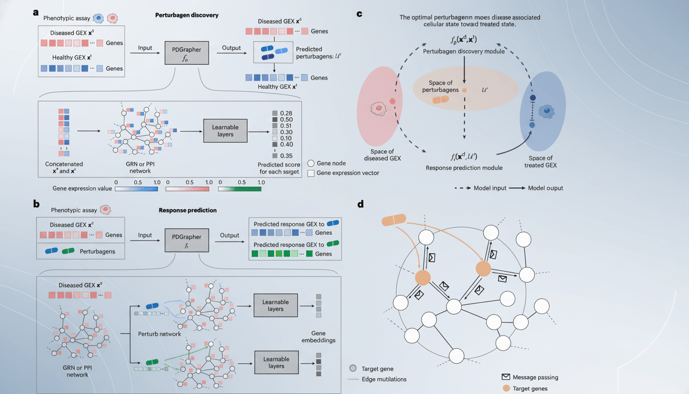 A scientific diagram illustrating PDGraph er for perturbagen discovery and response prediction. The diagram shows two main parts: perturb agen discove