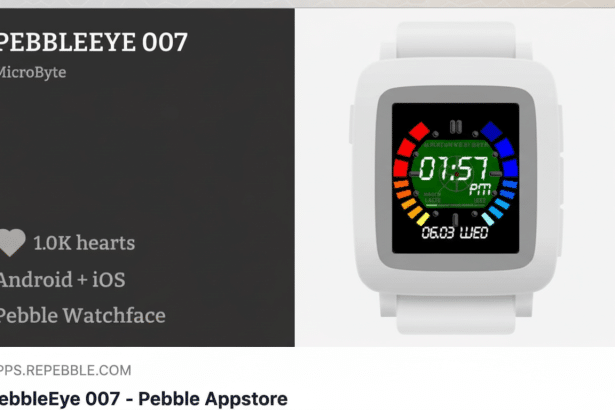 The PebbleEye 0 07 smartwatch display , showing 01:5 7 PM and 06.0 3 WED, with a surrounding color gradient. The watch is placed on a professionally designed soft pattern background, alongside an app store description.