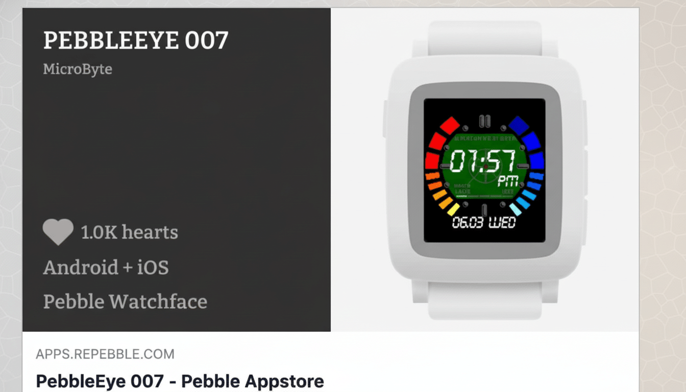 The PebbleEye 0 07 smartwatch display , showing 01:5 7 PM and 06.0 3 WED, with a surrounding color gradient. The watch is placed on a professionally designed soft pattern background, alongside an app store description.