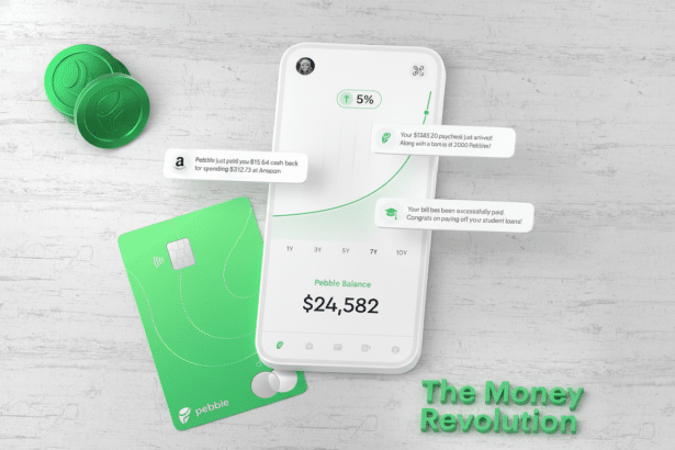 An enhanced 16: 9 image showing a white smartphone displaying Pebble Balance $ 24,5 82 and various notifications , alongside a green Pebble credit card and three green coin -like tokens .