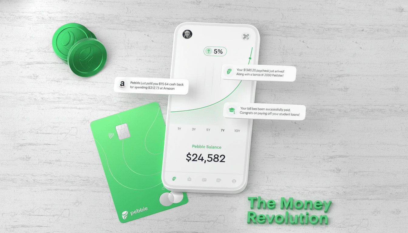 An enhanced 16: 9 image showing a white smartphone displaying Pebble Balance $ 24,5 82 and various notifications , alongside a green Pebble credit card and three green coin -like tokens .