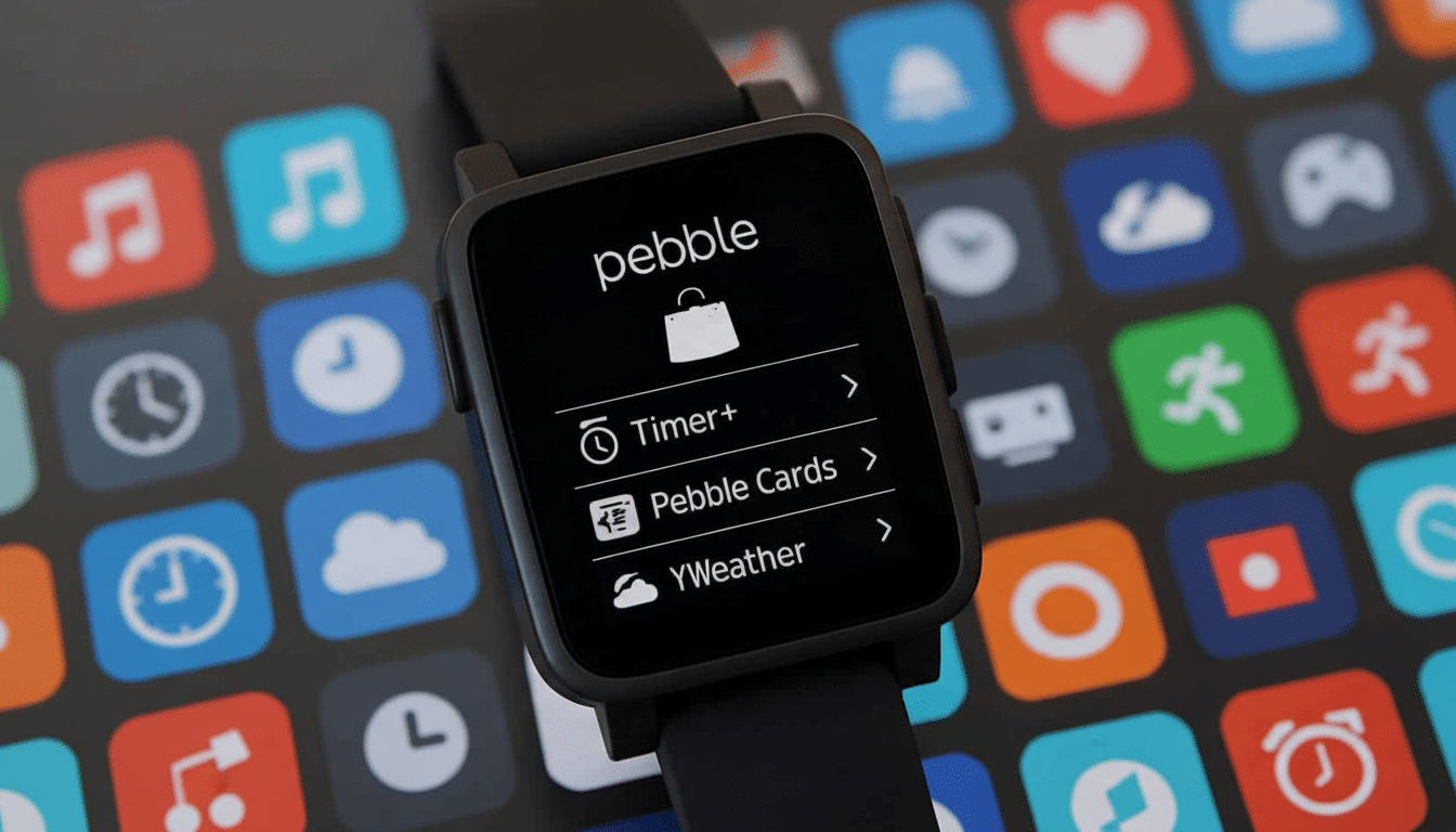A close -up shot of a black Pebble smartwatch displaying the 'Pebble ' app store with ' Timer+', 'P ebble Cards', and 'YWeather ' apps listed, set against a blurred background of colorful app icons. Filename : pebblesmart watchapp store.png