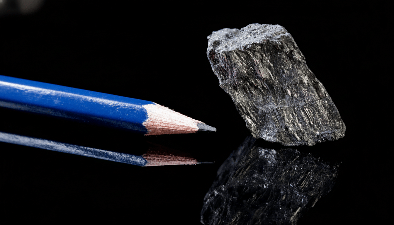 A blue pencil with a sharpened tip next to a raw , dark chunk of graphite, both reflected on a black surface .