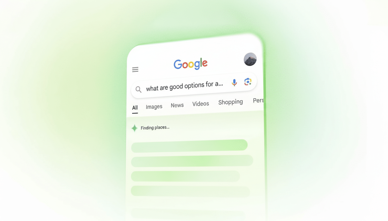 A Google search interface on a smartphone screen, showing a search query in progress and Finding places...