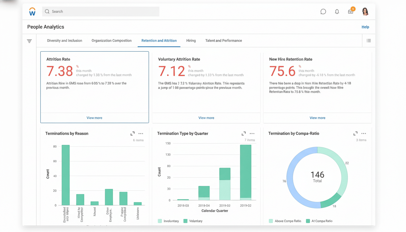 A professional screenshot of a People Analytics dashboard displaying  Retention and Attr ition metrics, including attrition rate, voluntary attrition rate, new hire retention rate , terminations by reason , termination type by quarter, and termination by comp a-ratio.