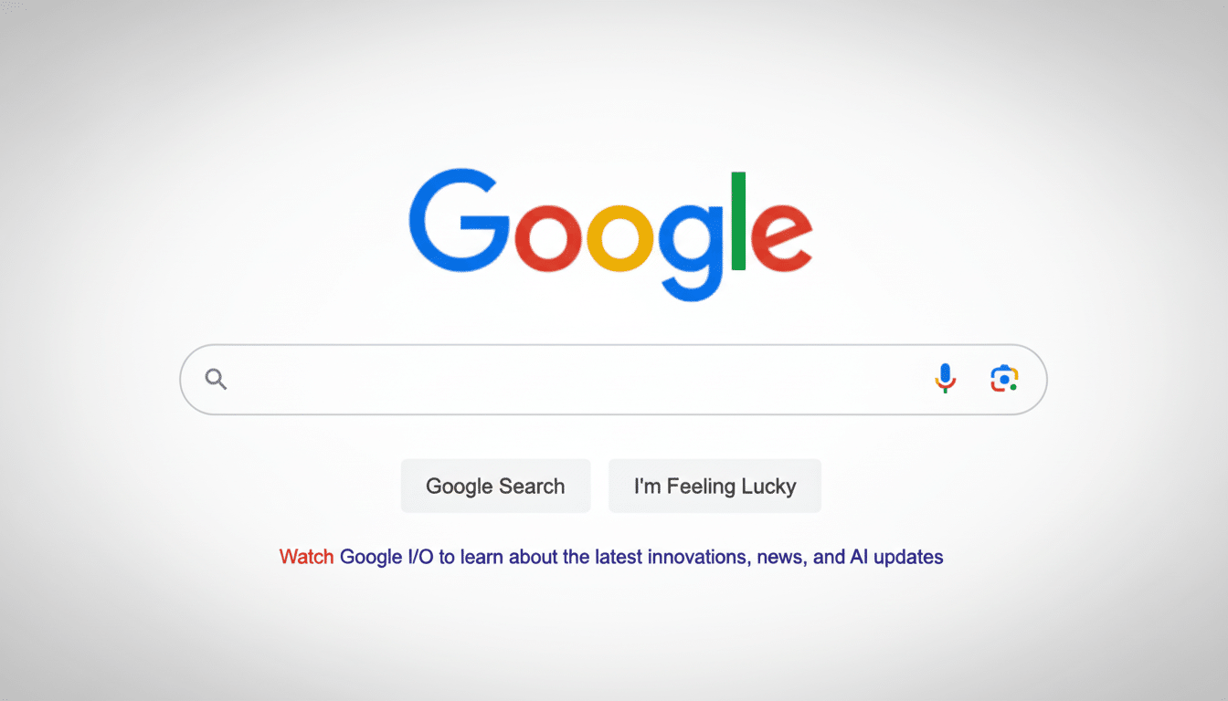 The Google search homepage with its colorful logo, search bar, and Google Search and Im Feeling Lucky buttons, along with text inviting users to watch