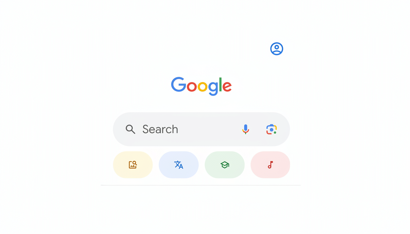 Google search interface with logo, search bar, and various app icons below it, presented on a clean white background.
