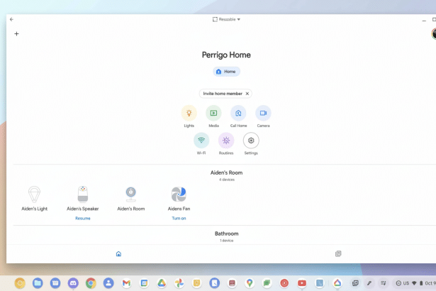 Screenshot of the Perr igo Home smart home app interface, showing various connected devices and rooms.