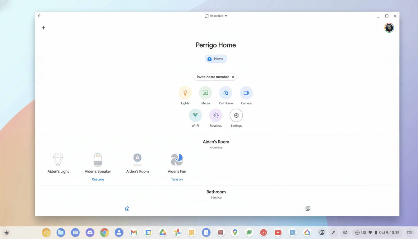 Screenshot of the Perr igo Home smart home app interface, showing various connected devices and rooms.