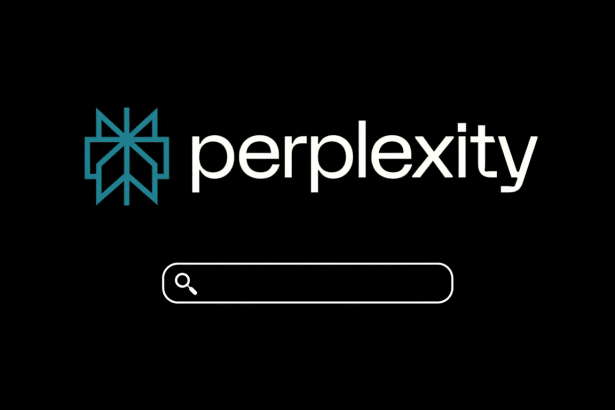 The Perplexity AI logo and a search bar on a black background.