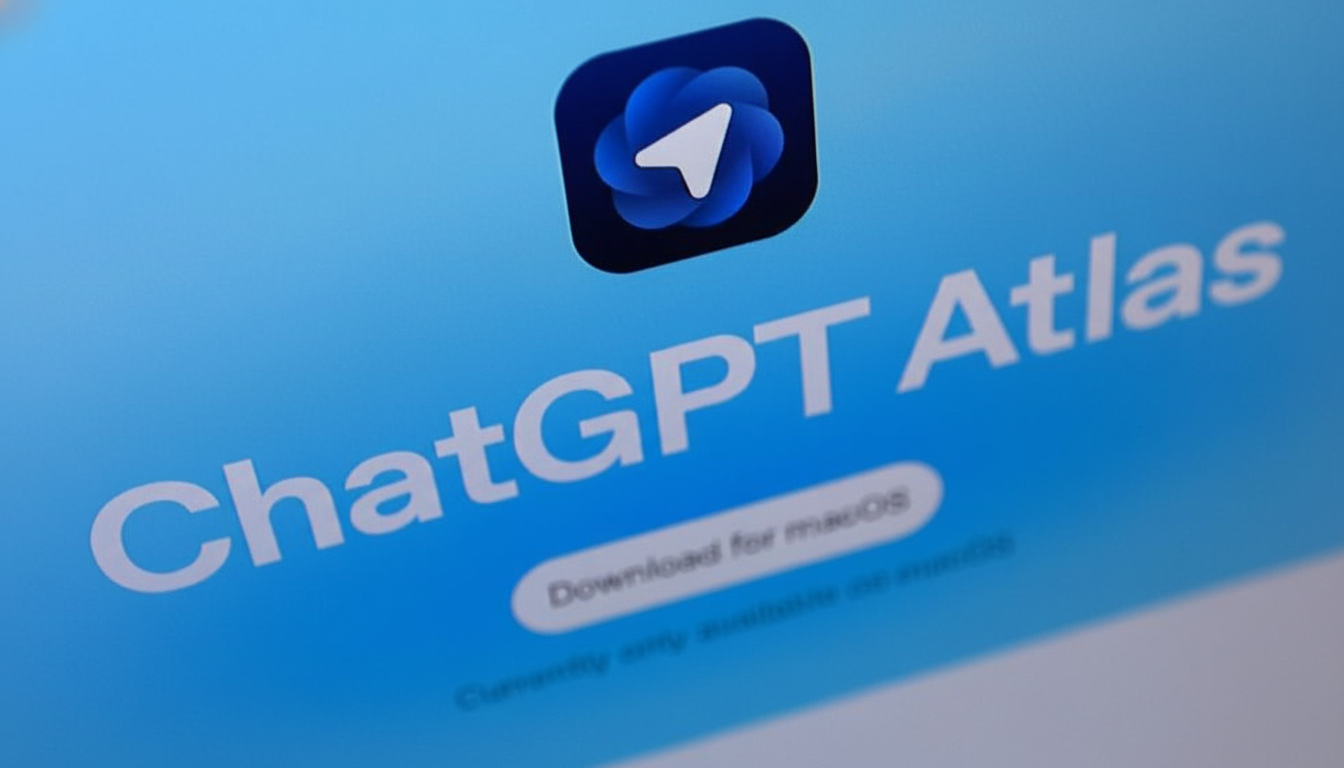 A close-up of a screen displaying ChatGPT Atlas with a download button for macOS, set against a blue background.
