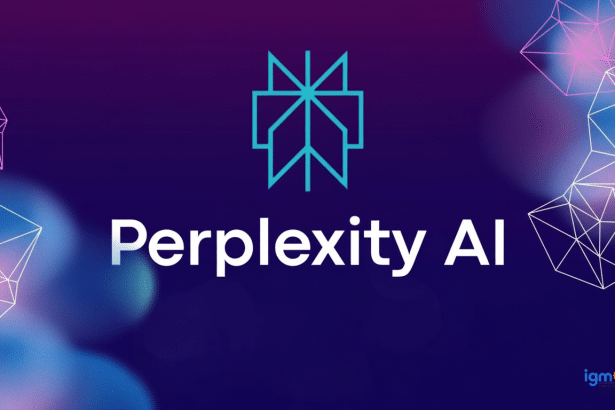 The Per plexity AI logo and text on a dark blue and purple gradient background with geometric network patterns, resized to a 16: 9 aspect ratio.