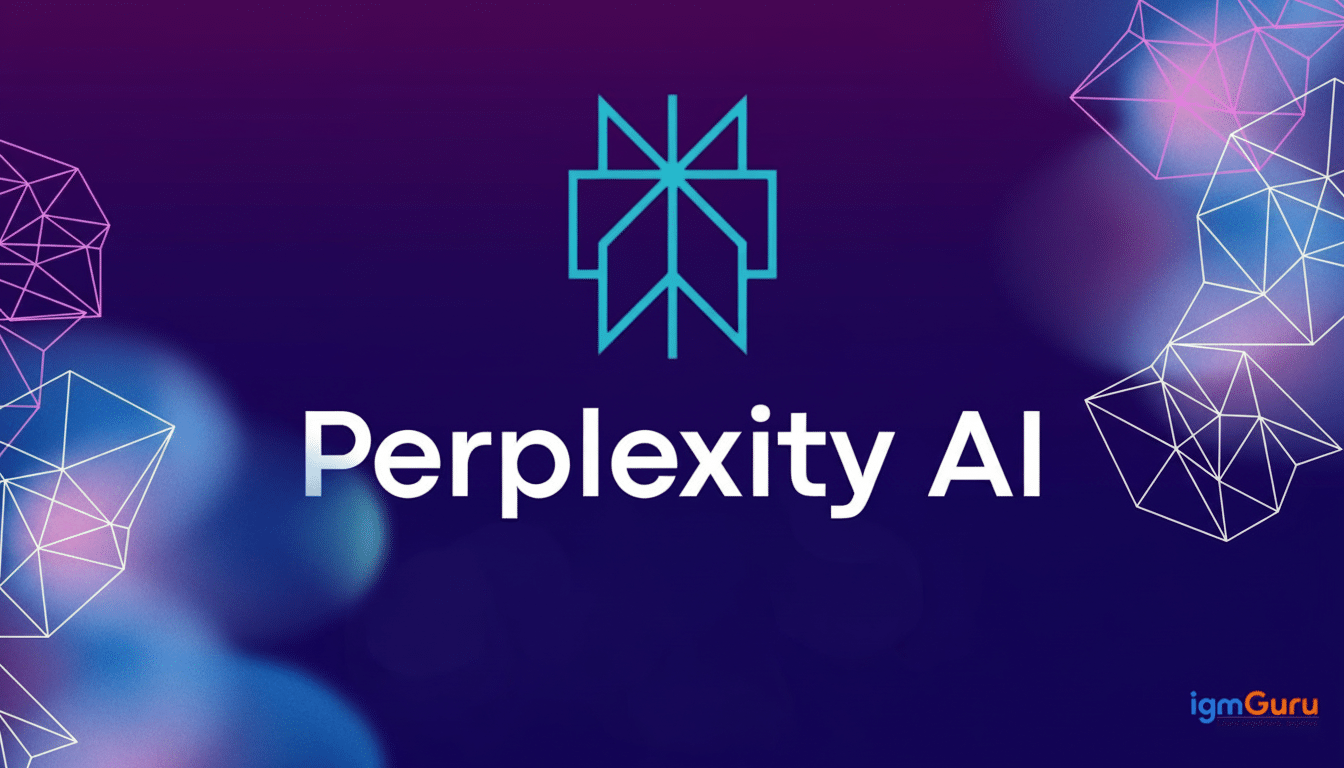 The Per plexity AI logo and text on a dark blue and purple gradient background with geometric network patterns, resized to a 16: 9 aspect ratio.