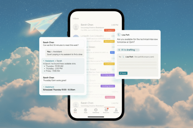 A mobile phone displaying an email inbox with pop -up messages, one showing an AI assistant scheduling a meeting and another showing an AI drafting a response for an interview availability request. A paper airplane icon is in the background .