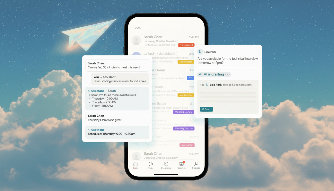 A mobile phone displaying an email inbox with pop -up messages, one showing an AI assistant scheduling a meeting and another showing an AI drafting a response for an interview availability request. A paper airplane icon is in the background .