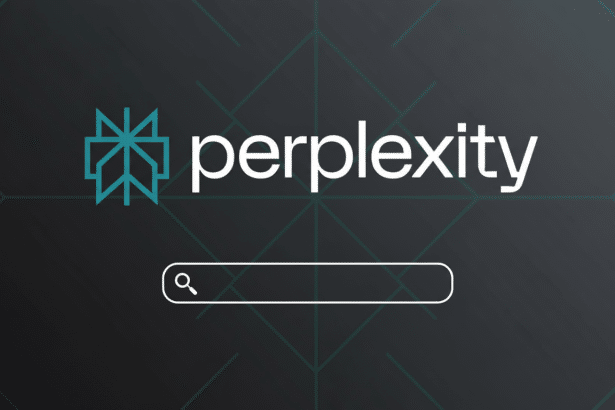 The Perplexity AI logo and a search bar, enhanced with a professional dark gradient background and subtle geometric patterns, resized to a 1 6:9 aspect ratio. Filename : perplexity logo enhanced 16 9.png