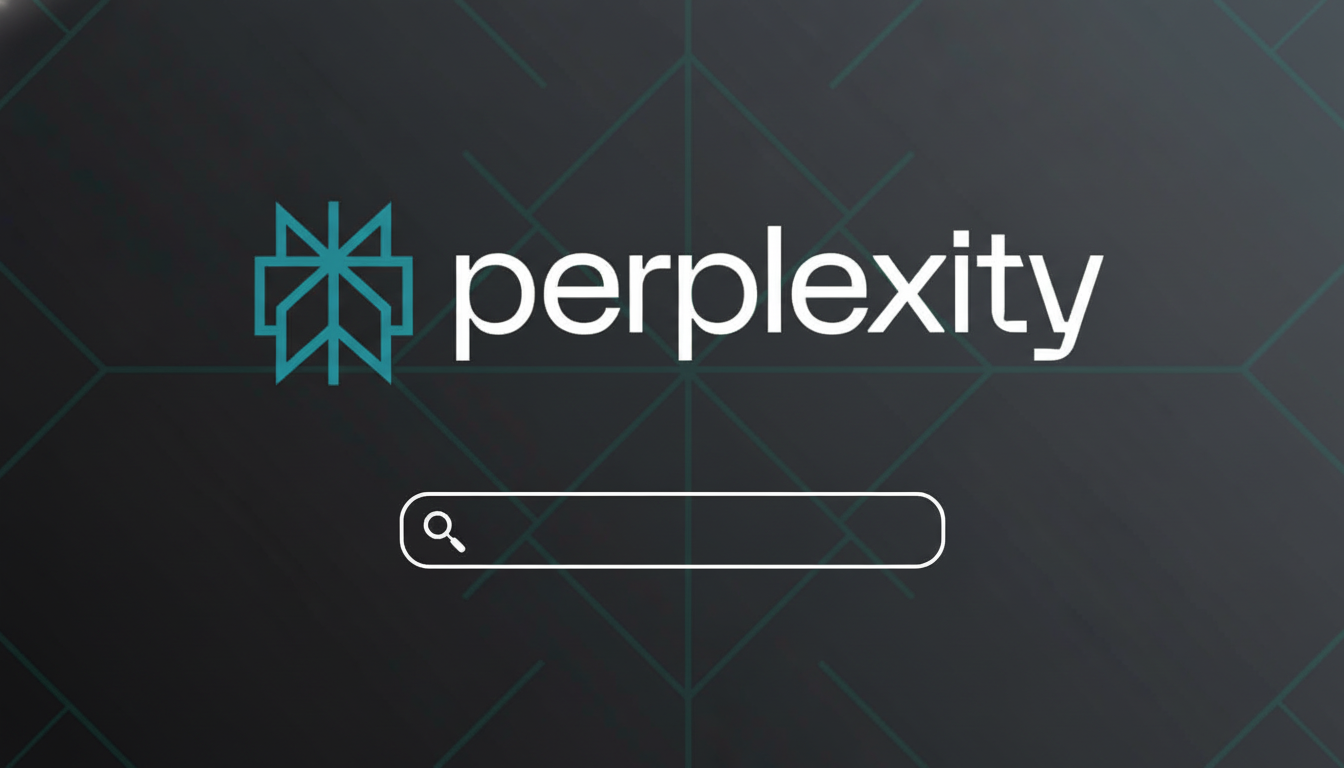 The Perplexity AI logo and a search bar, enhanced with a professional dark gradient background and subtle geometric patterns, resized to a 1 6:9 aspect ratio. Filename : perplexity logo enhanced 16 9.png