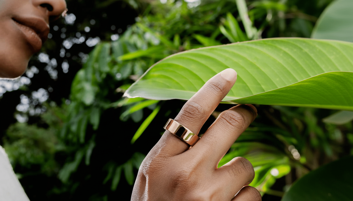 Close- up of a person 's hand with a golden ring, gently touching a large green leaf in a natural , leafy background.